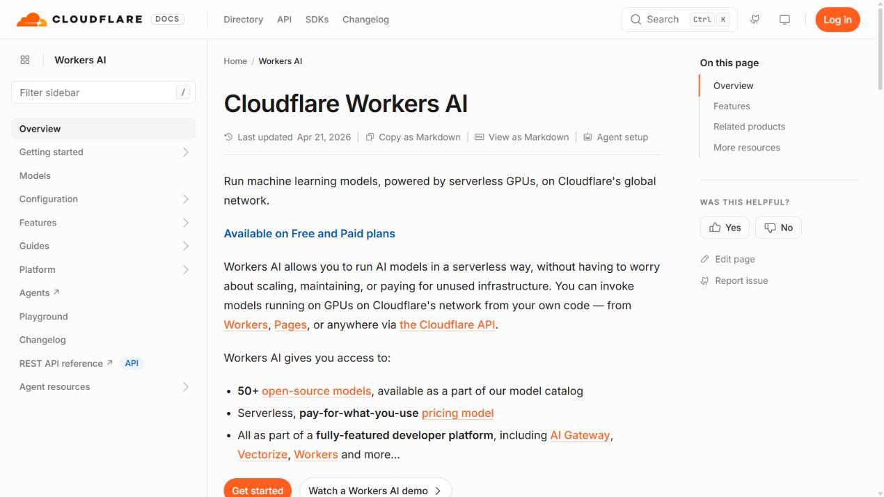 Cloudflare Workers AI public documentation page describing serverless AI inference.