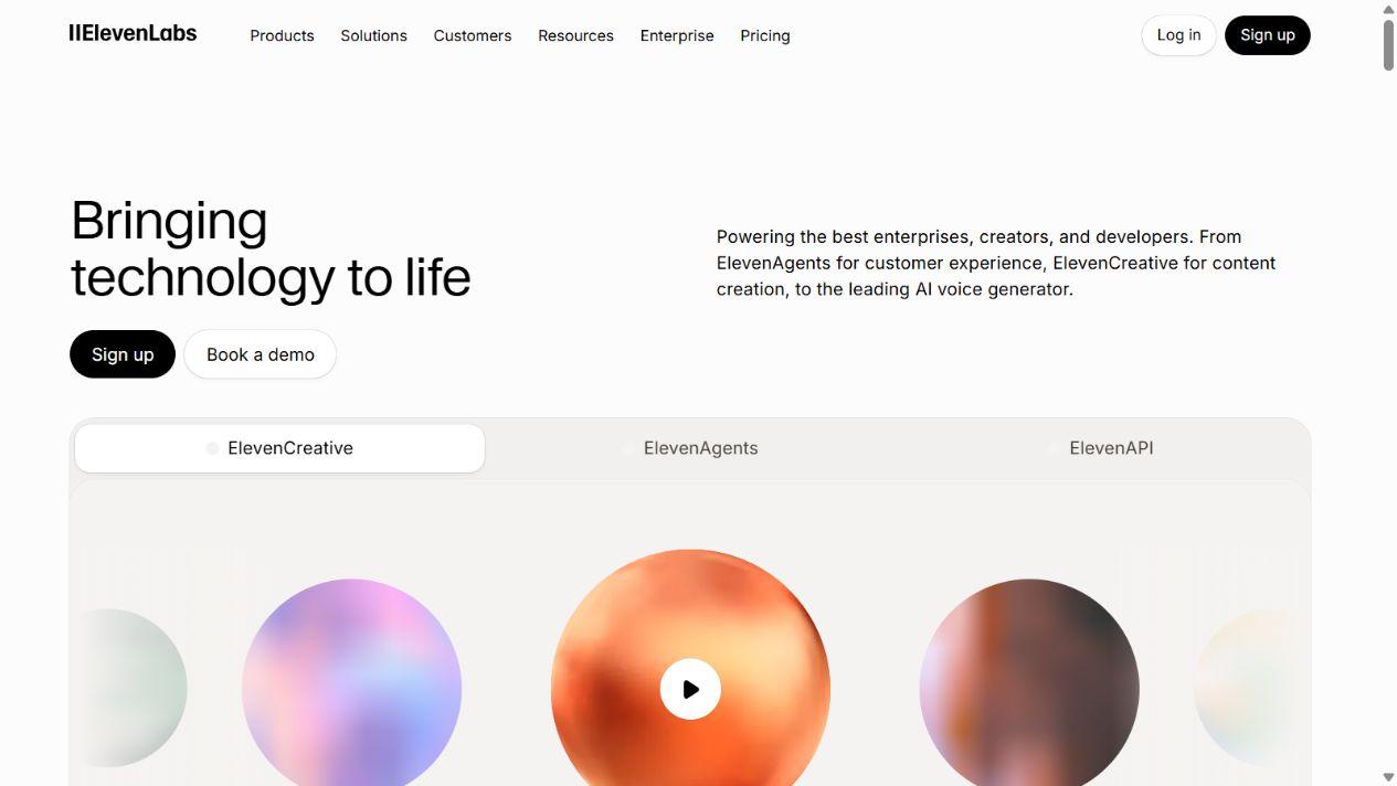 ElevenLabs public website showing its AI voice and audio creation products.