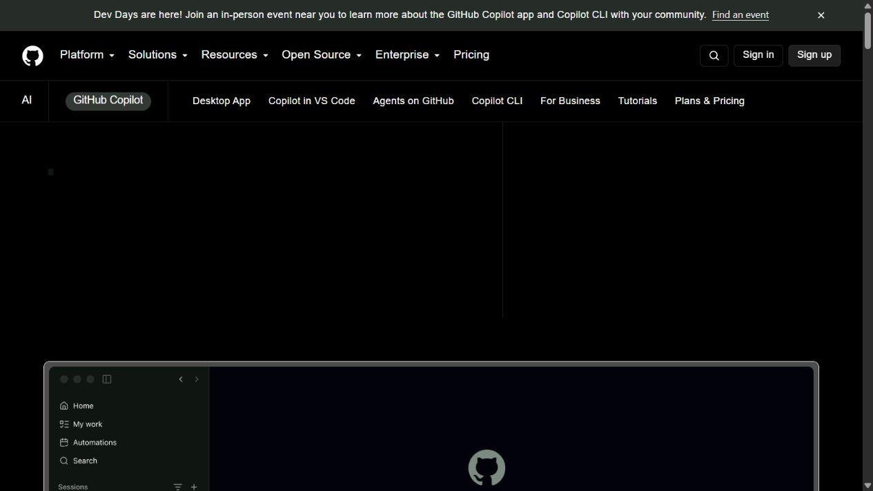 GitHub Copilot public product page showing its AI coding workspace preview.