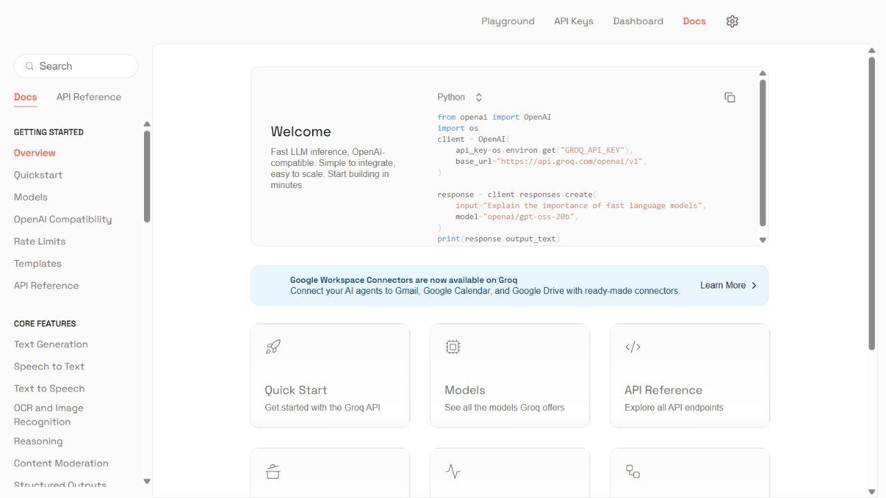 GroqCloud public documentation showing its API quick start and model resources.