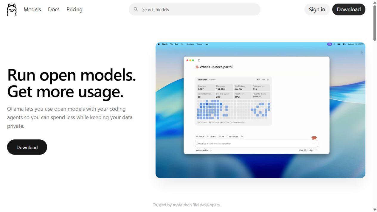 Ollama public website showing its local model runner and coding-agent interface.