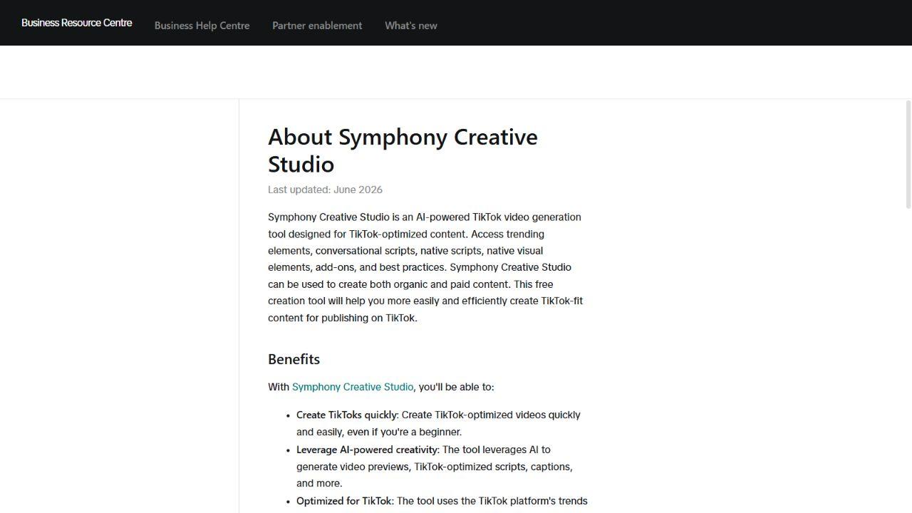TikTok Symphony Creative Studio public help page describing its AI video tools.